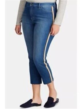 Ralph Lauren Plus Size Indigo Blue Cropped Jeans with Cream Side Stripe Raw Hem